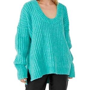 Free People Blue Bell Electric Teal Scoop Neck Oversized Sweater Size S NWT